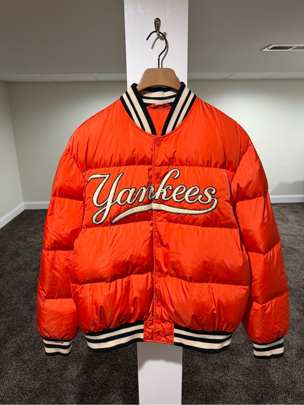 Gucci x MLB New York Yankees Orange Puffer Padded Bomber Jacket
